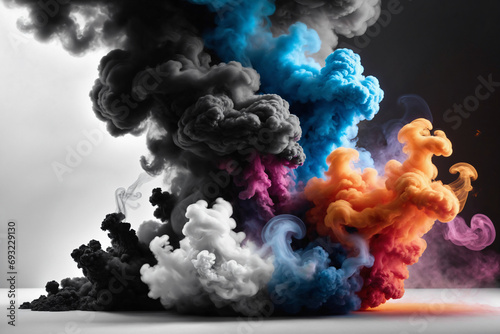 Colorful smoke with interesting dramatic backlighting on black and white background