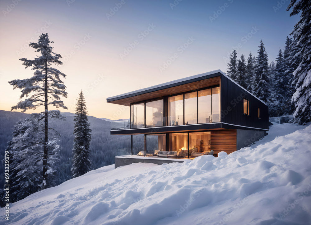 Mountain Cabin Retreat with Snowy Backdrop.