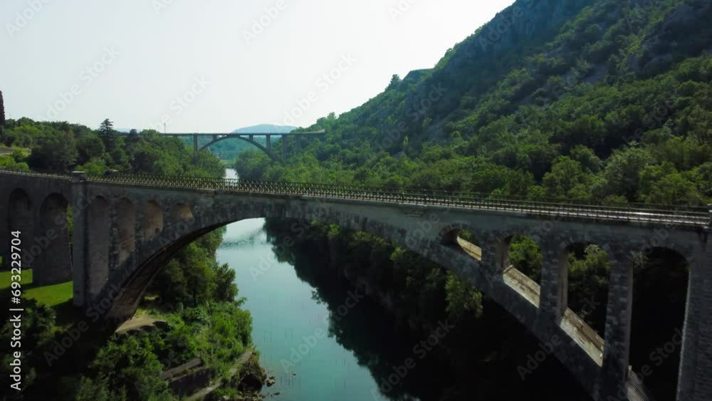 Solcan Bridge over River Soca, Slovenia. Aerial view. Solcan Bridge over River Soca, Slovenia. Aerial view.