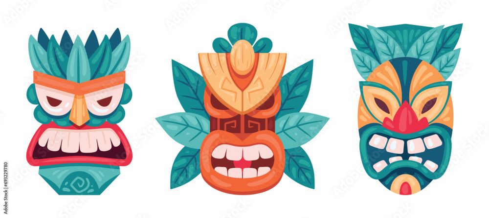 Ceremonial tiki totem masks. Cartoon wooden tiki masks, ethnic tribal ritual masks. African or hawaiian idols flat vector illustration set. Tiki totem mask collection