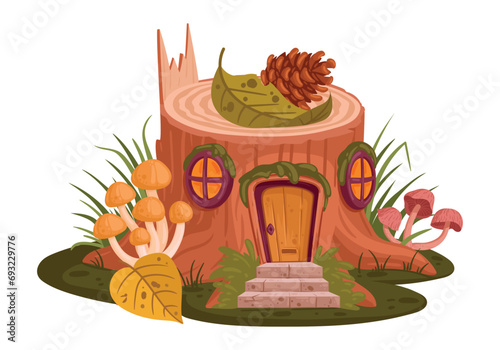 Cartoon stump house. Cozy fairy tale little wooden stump house, fantasy world cute cabin with leaves and mushrooms flat vector illustration. Fairytale stump house