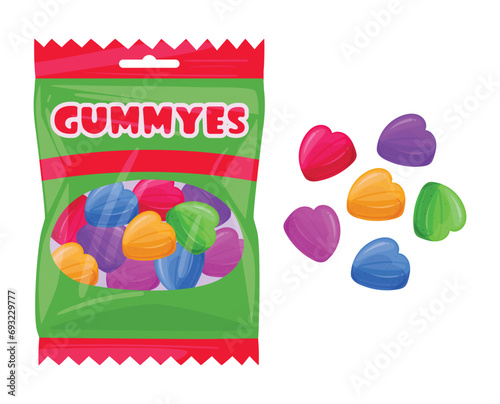 Cartoon jelly candies. Chewy heart shaped marmalade package, fruit flavored sweets in plastic bag flat vector illustration. Tasty jelly sweets pack