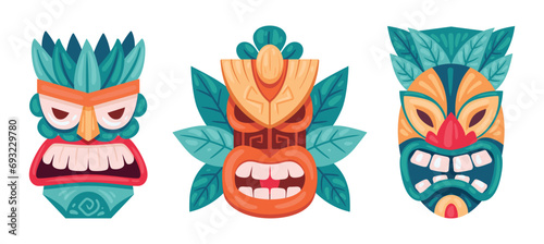Ceremonial tiki totem masks. Cartoon wooden tiki masks, ethnic tribal ritual masks. African or hawaiian idols flat vector illustration set. Tiki totem mask collection
