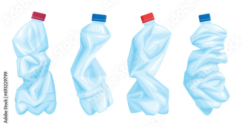 Empty crumpled water bottles. Broken plastic containers, plastic trash bottles for recycling flat vector illustration set. Crushed water bottles