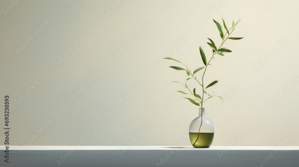  a glass vase with a plant in it sitting on a table in front of a white wall with a shadow of a plant in the vase on the side of the table. - obrazy, fototapety, plakaty 