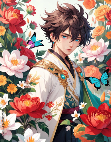 A young guy surrounded by bright and colorful flowers on a dark starry background. He is dressed in traditional clothes decorated with floral patterns that blend perfectly with the surrounding flowers