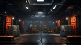 An industrial vault filled with metallic crates and containers, their surfaces reflecting the faint glimmer of overhead spotlights, creating an atmosphere of organized precision