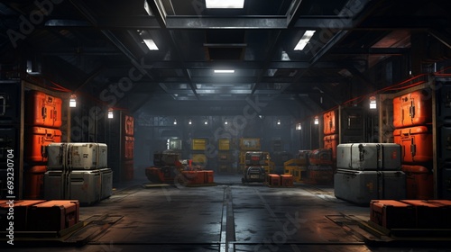 An industrial vault filled with metallic crates and containers, their surfaces reflecting the faint glimmer of overhead spotlights, creating an atmosphere of organized precision photo