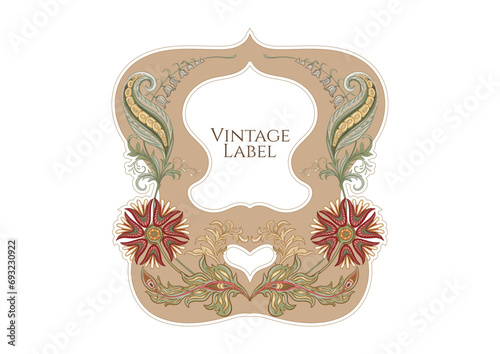 Fantasy flowers in retro, vintage, jacobean embroidery style. Border, frame, template for product label, cosmetic packaging. Vector illustration.