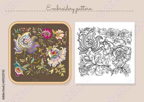 Fantasy flowers in retro, vintage, jacobean embroidery style. Embroidery imitation sample and pattern. Vector illustration.