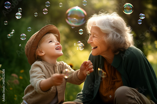  Grandmother and grandson play with soap bubbles in the fresh air. Happiness. Aged people.