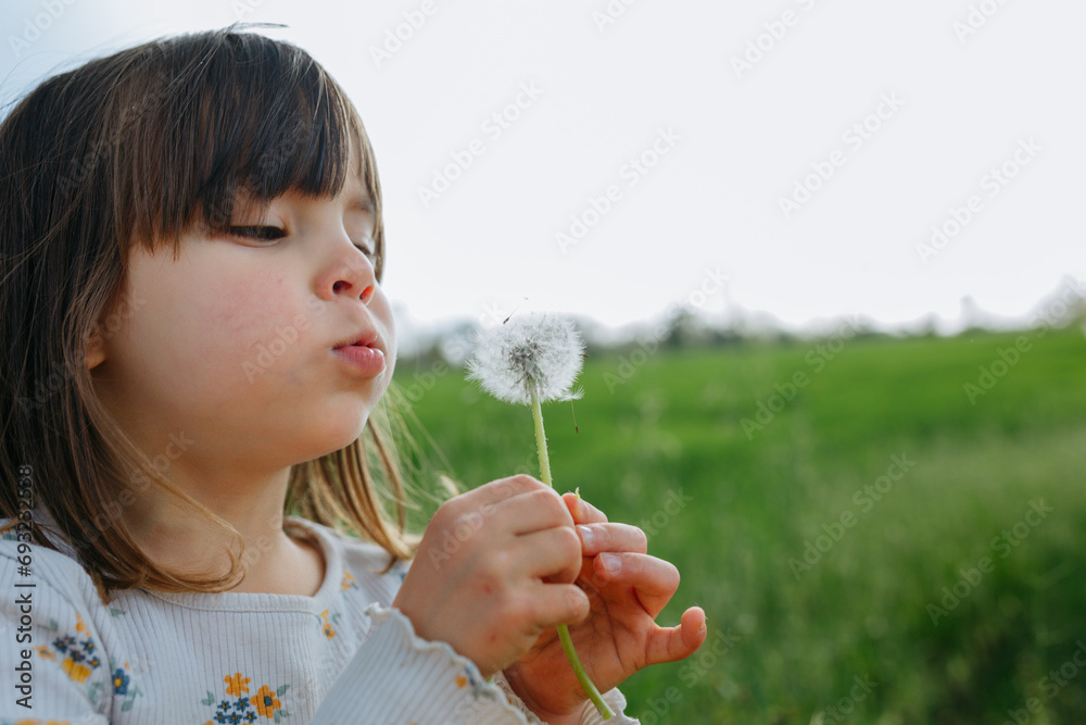 Child blowing a dandelion outside in a green field Child blowing a dandelion outside in a green field