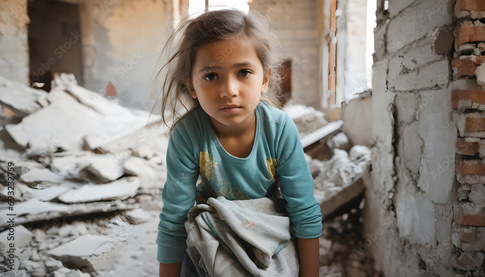 Orphaned children. poor child in a destroyed and abandoned building. girl in dirty clothes after an earthquake or war. Orphaned children. poor child in a destroyed and abandoned building. girl in dirty clothes after an earthquake or war.