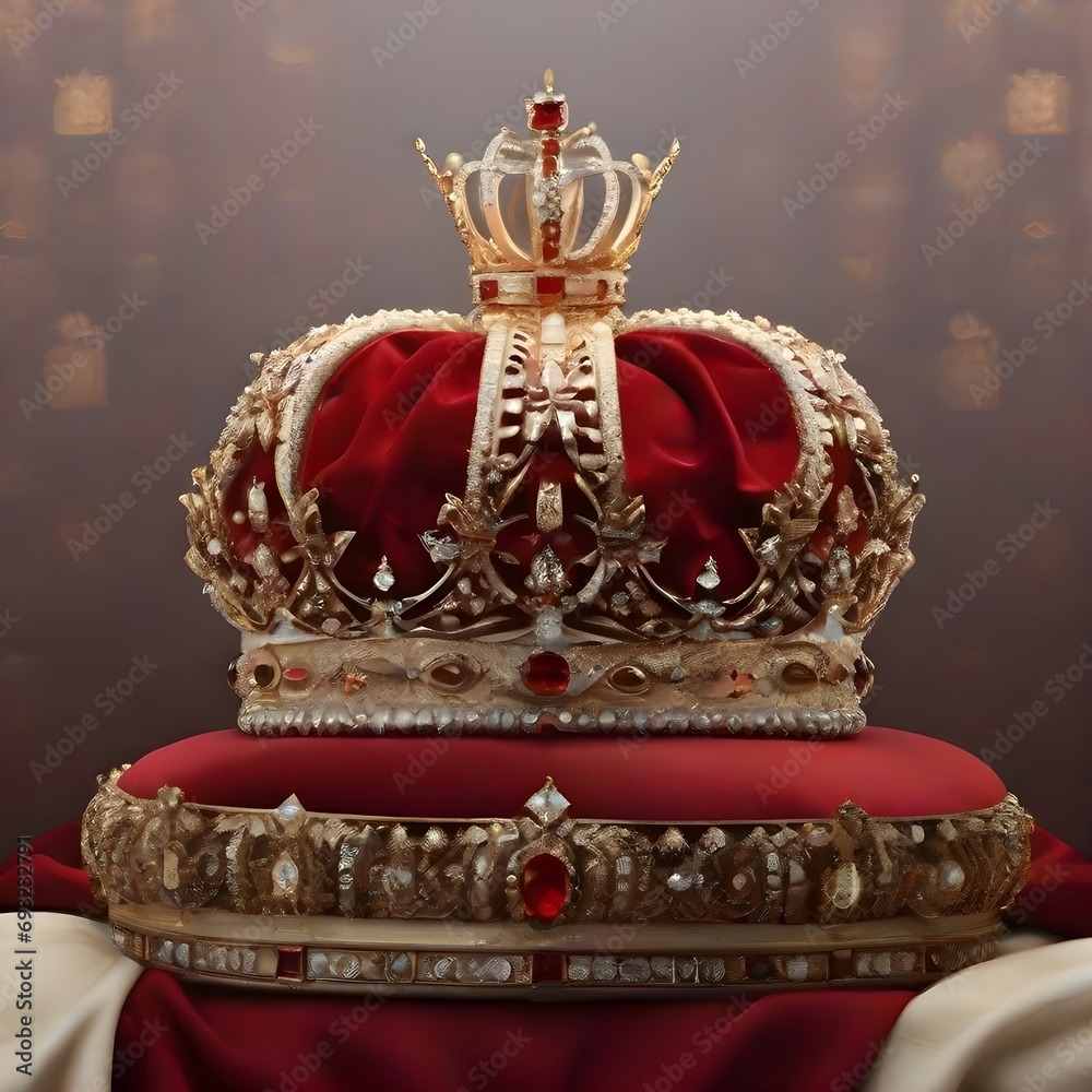e king's crown studded with gold and rare diamonds on top of a red pillow, showing the greatness and splendor of the crown