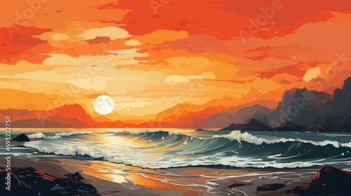 Illustration beautiful sunset on the beach. Generative AI