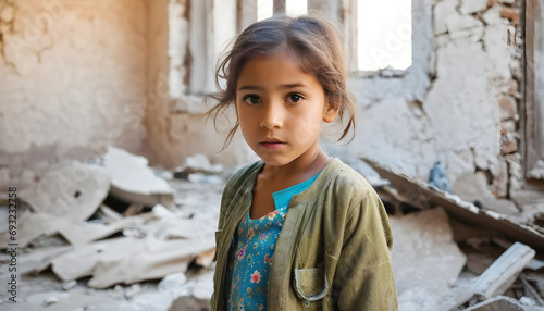 Orphaned children. poor child in a destroyed and abandoned building. girl in dirty clothes after an earthquake or war.