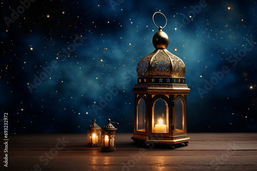 Holy month Ramadan ornamental lantern with a candle glowing on bokeh background Ai Generative Image © s1pkmondal143