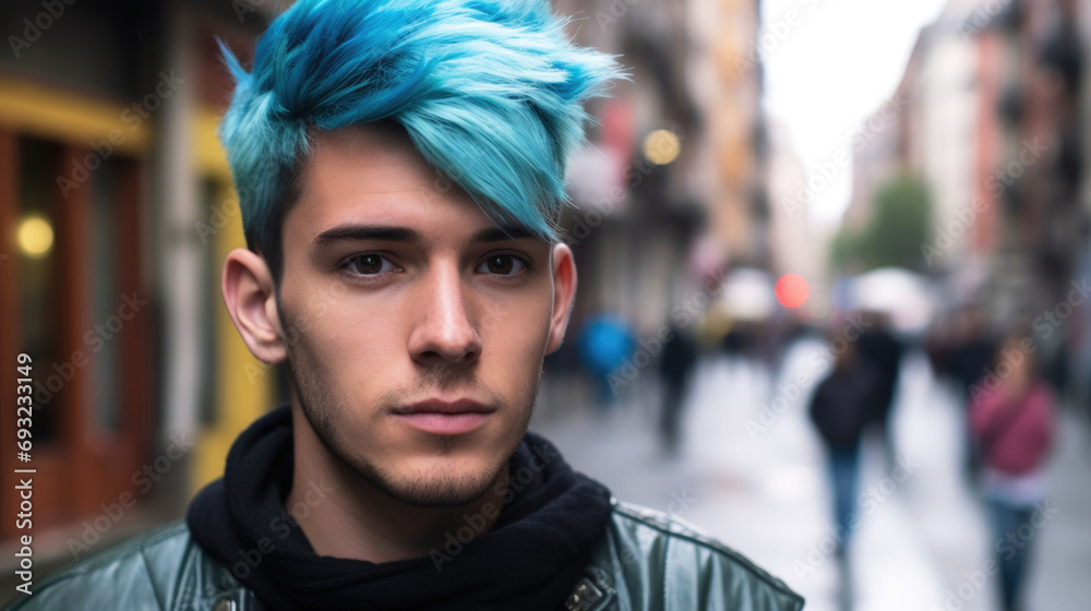Concept of fashionable haircut and hairdressing salon. Portrait of a young man with blue hair in the city