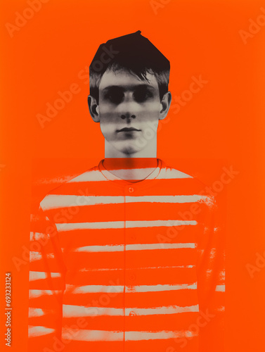 photocollage: young prisoner with orange stripes