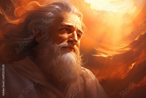 A detailed illustration of Moses' face, emphasizing his wisdom and determination, with a soft, ethereal light.