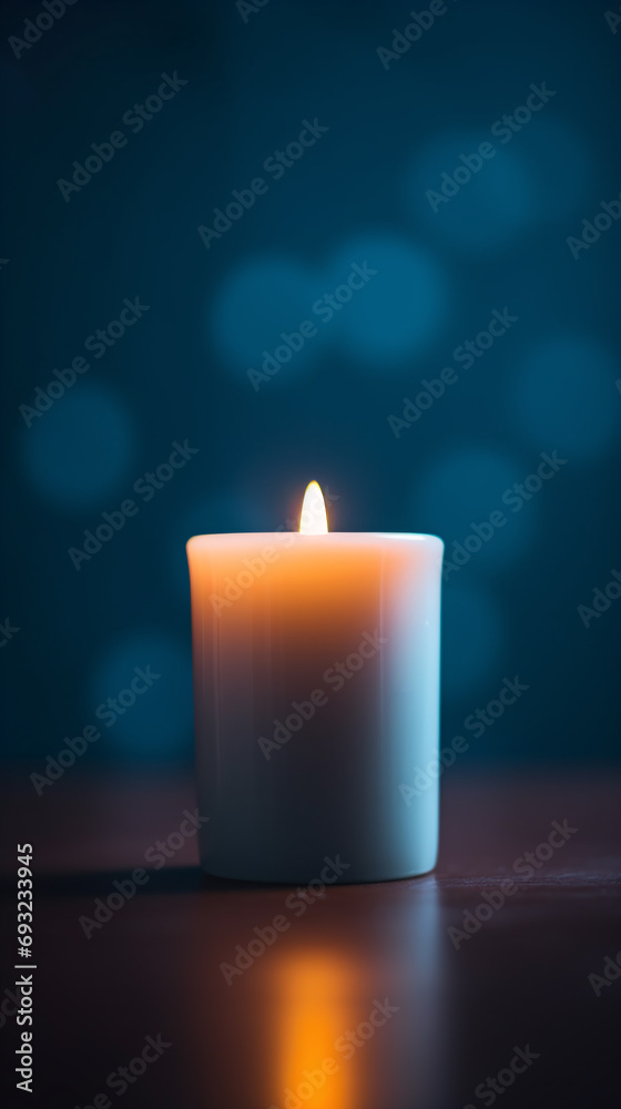 A lit candle with a flame against blue background with defocused lights A lit candle with a flame against blue background with defocused lights