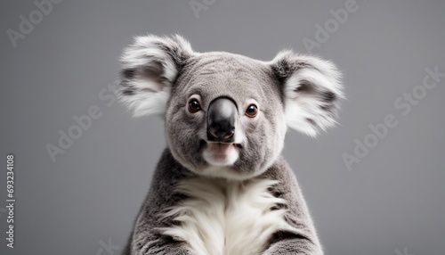 Cute koala with funny expression on grey background. Studio shot. photo