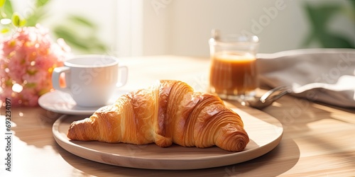 Breakfast concept with fresh croissant and tea on bamboo tray on wooden table in sunny kitchen.