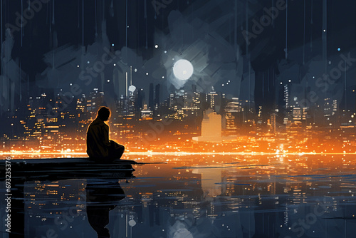 silhouette of a person watching on a city ligths
created using AI tools