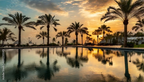 palm tree reflection  resort hotel 