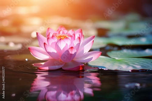 A radiant lotus flower emerging from tranquil waters, representing spiritual awakening and purity.