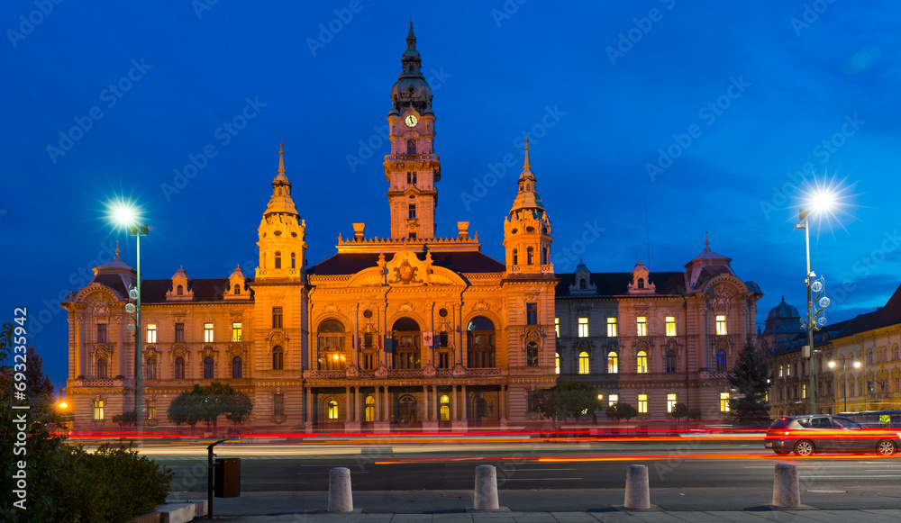 City Hall of hungarian town Gyor in night lights
