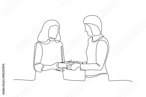 Continuous one line drawing The Act of Giving concept. Doodle vector illustration.