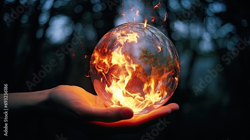 Image of planet earth on fire, representating of climate change. photo