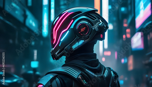 Rosto cyberpunk futurista com capacete