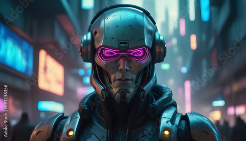 Rosto cyberpunk futurista com capacete
