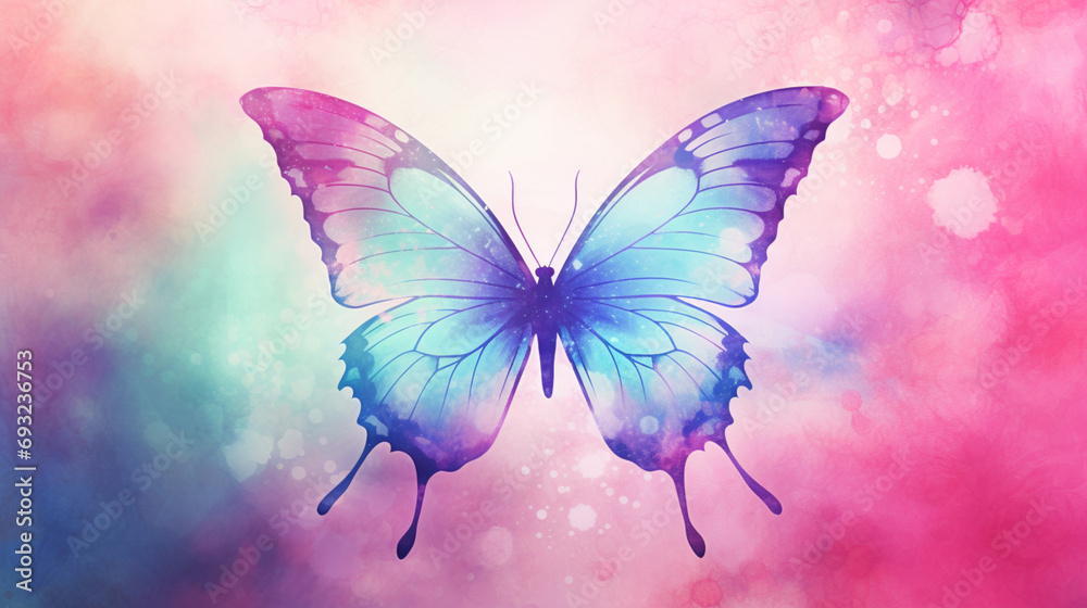 Papillon bleu et violet sur un fond lumineux et coloré. Rose, aquarelle, lumière. Insecte, beauté, nature. Arrière-plan pour conception et création graphique. - obrazy, fototapety, plakaty 