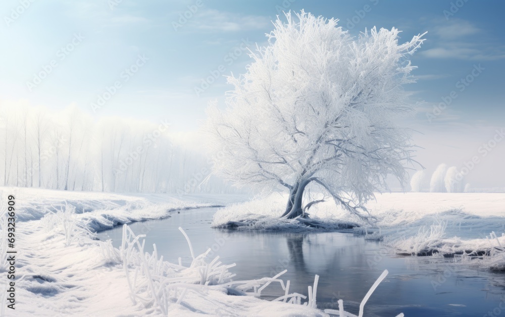 Winter forest on the river. Panoramic landscape with snowy trees, sun, beautiful frozen river with reflection in wate Winter forest on the river. Panoramic landscape with snowy trees, sun, beautiful frozen river with reflection in wate