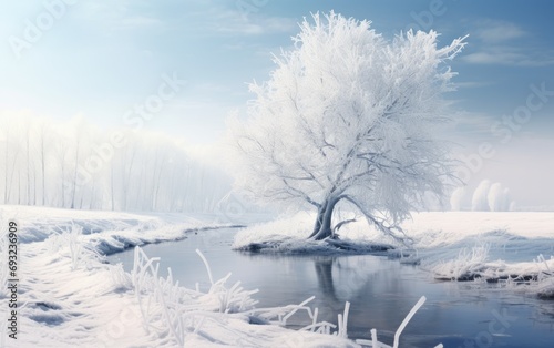Winter forest on the river. Panoramic landscape with snowy trees, sun, beautiful frozen river with reflection in wate