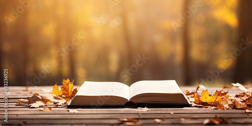 Autumn leaves falling on wooden table, open book in park with space to copy.