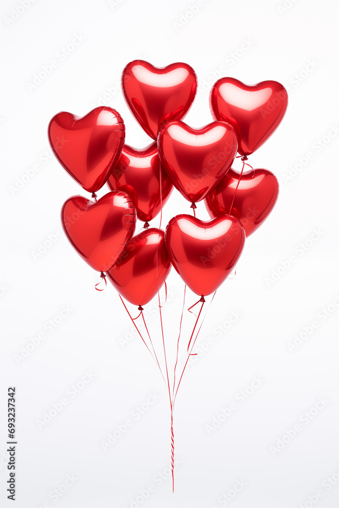 Stylish red Metallic Valentine Heart Balloons on a plain white graphic background Valentines Day Romantic Bokeh Soft Lighting
