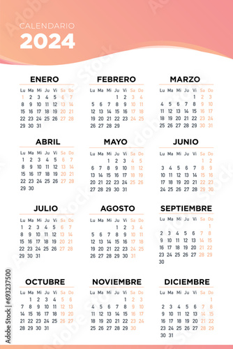 calendario 2024 en español, semana comienza el lunes. Sábados y domingos.	
