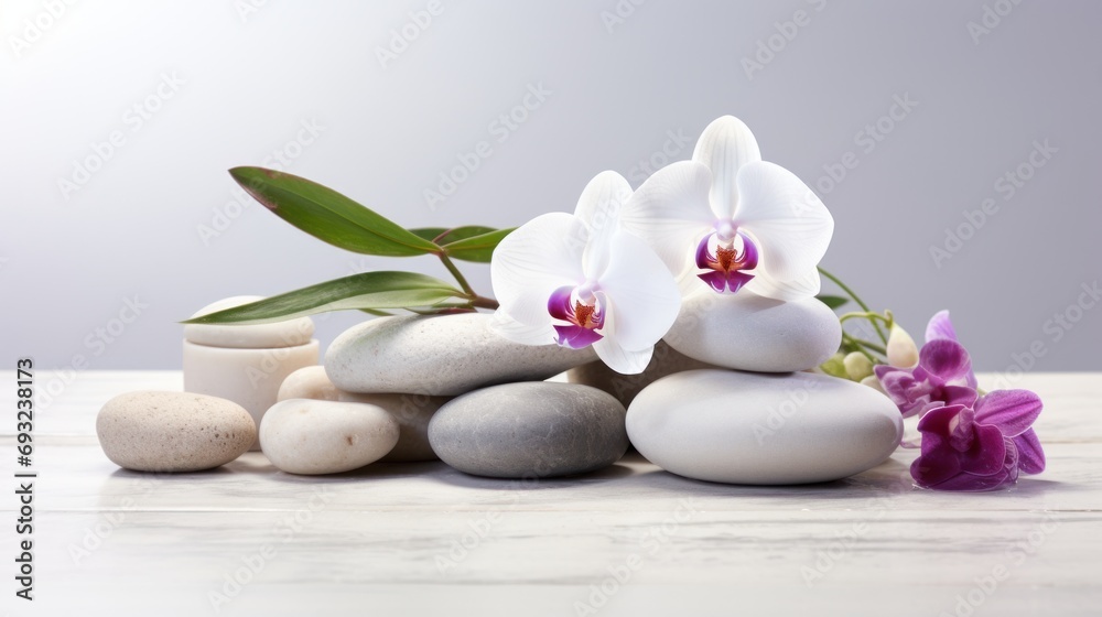 Wellness stones spa  and orchid on marble table. 