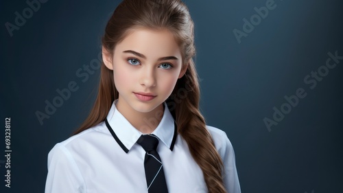 photo portrait of a beautiful young American female student in school uniform, one color background, copy space, generative ai