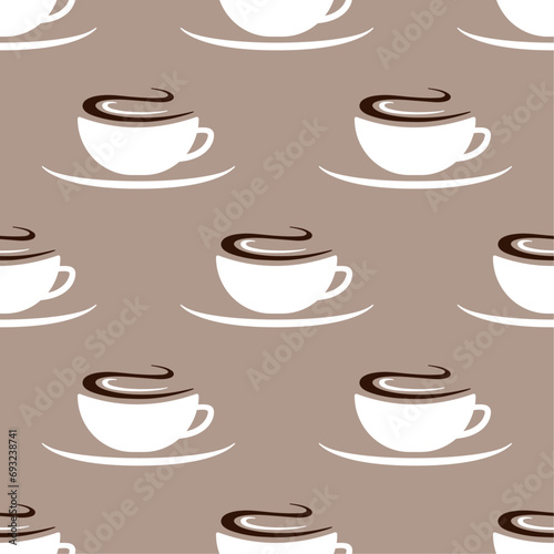 White coffee cups on brown background. Vector seamless pattern. Best for textile, cafe decor, wallpapers, wrapping paper, package and web design.