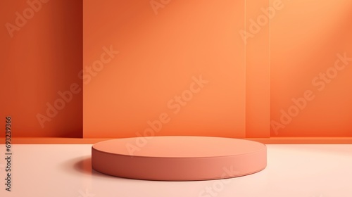 An empty room with an orange wall and a white floor. Circular stage  podium with copy space for beauty product in trendy orange apricot crush color.