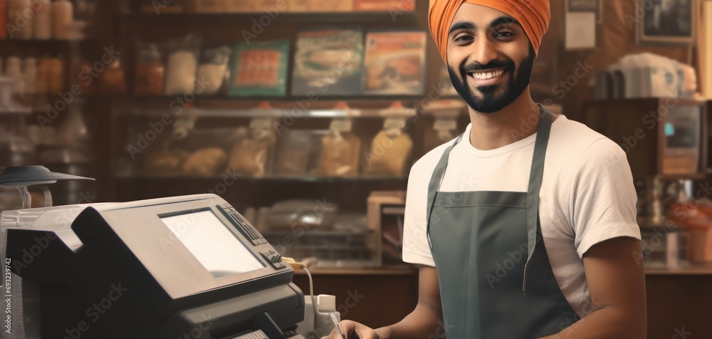 East Indian Man Cashier Job Employment Attractive Setting Generative AI East Indian Man Cashier Job Employment Attractive Setting Generative AI
