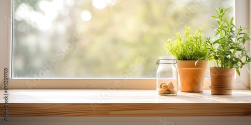 Product display on wooden table by blurry kitchen window sill.