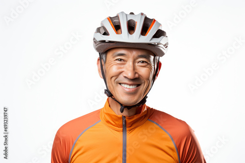 Senior asian man wearing bike helmet isolated on white background.