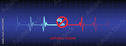 Creative no smoking sign concept with ekg ecg heart monitor design. Smoking causes heart disease warning sign on blue lcd background vector illustration. 