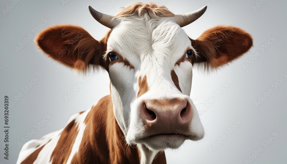 Portrait of a cow looking at the camera on a gray background